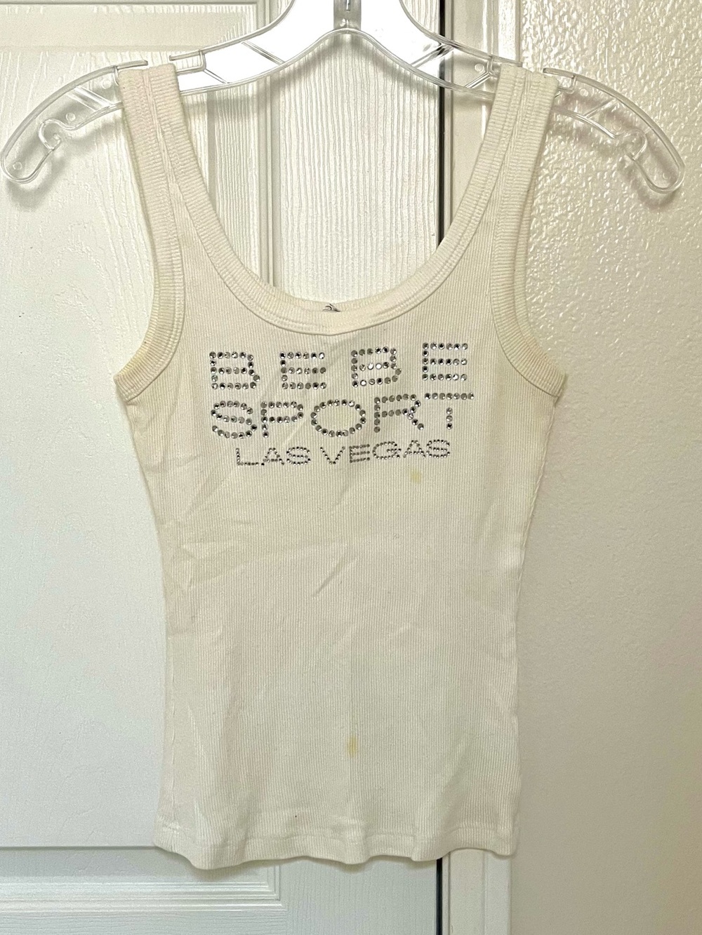 Bebe Sport Las Vegas Cream Tank Top with Studded Rhinestone Logo